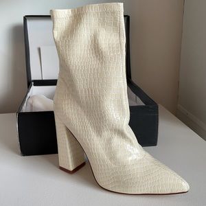 Cream Croc Block Heel Pointy Boots